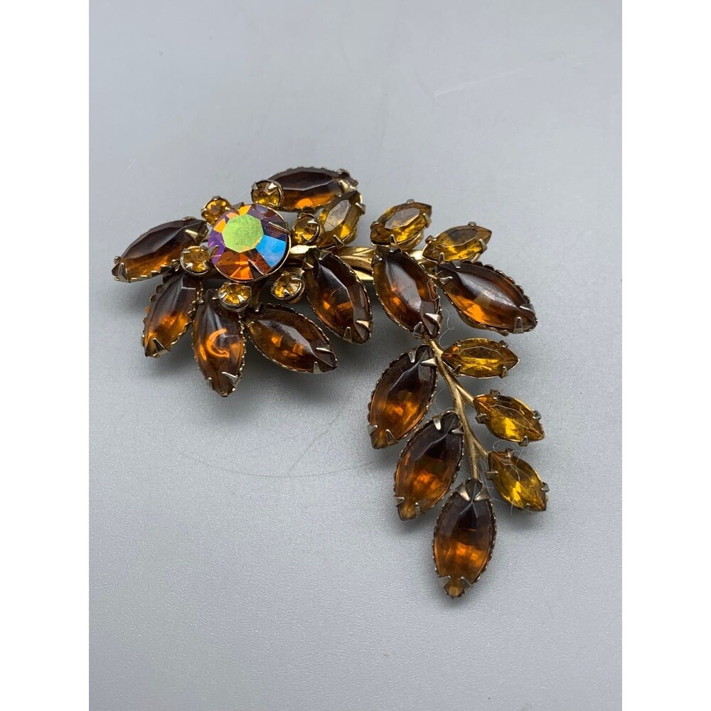 Vintage Topaz & Amber Brown & AB Floral Spray Rhinestone Brooch